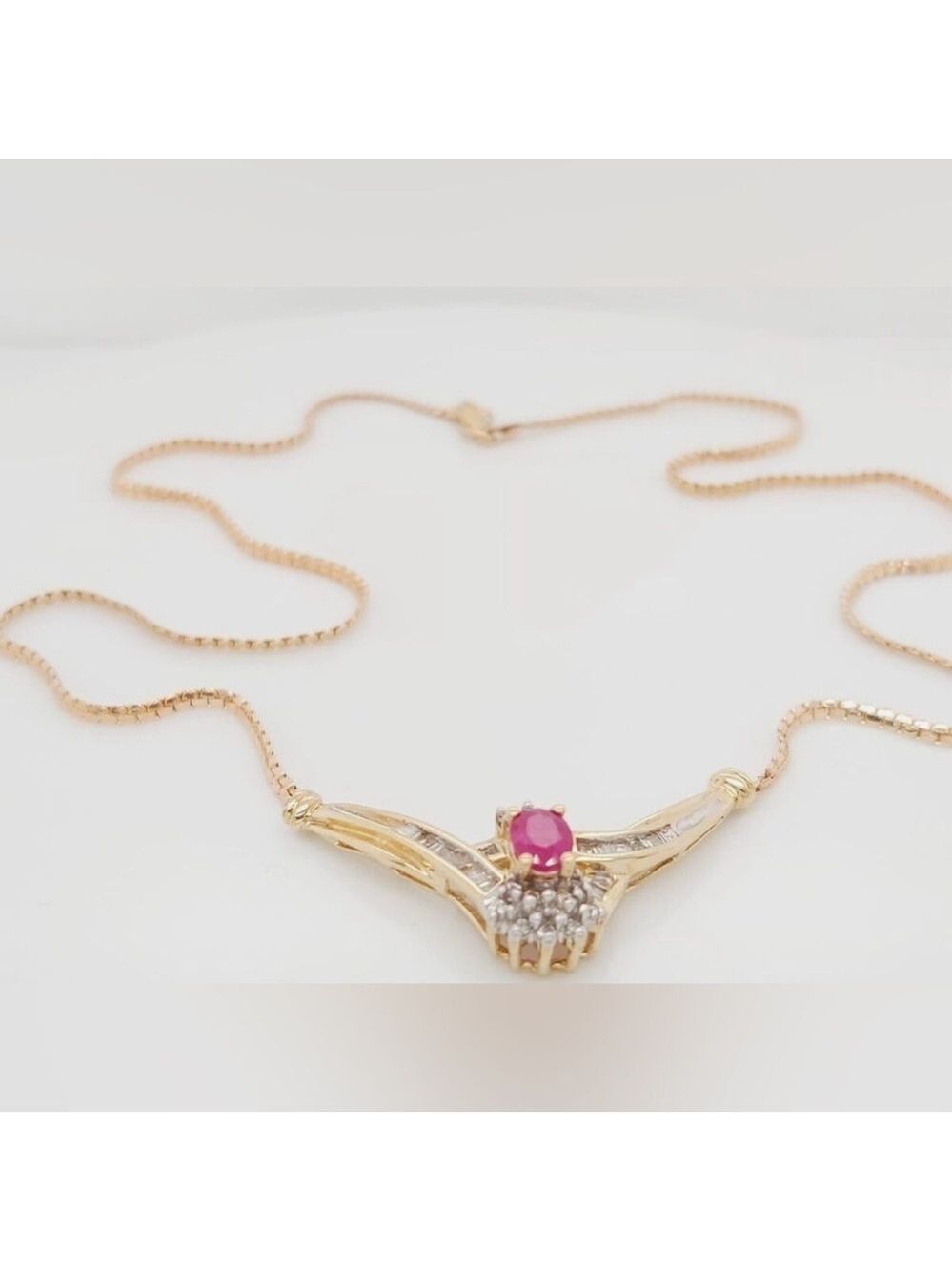 Vintage Italian ADL 10k Gold Ruby & Baguette Diamond Designer Necklace 4.3 grams - Picture 6 of 16